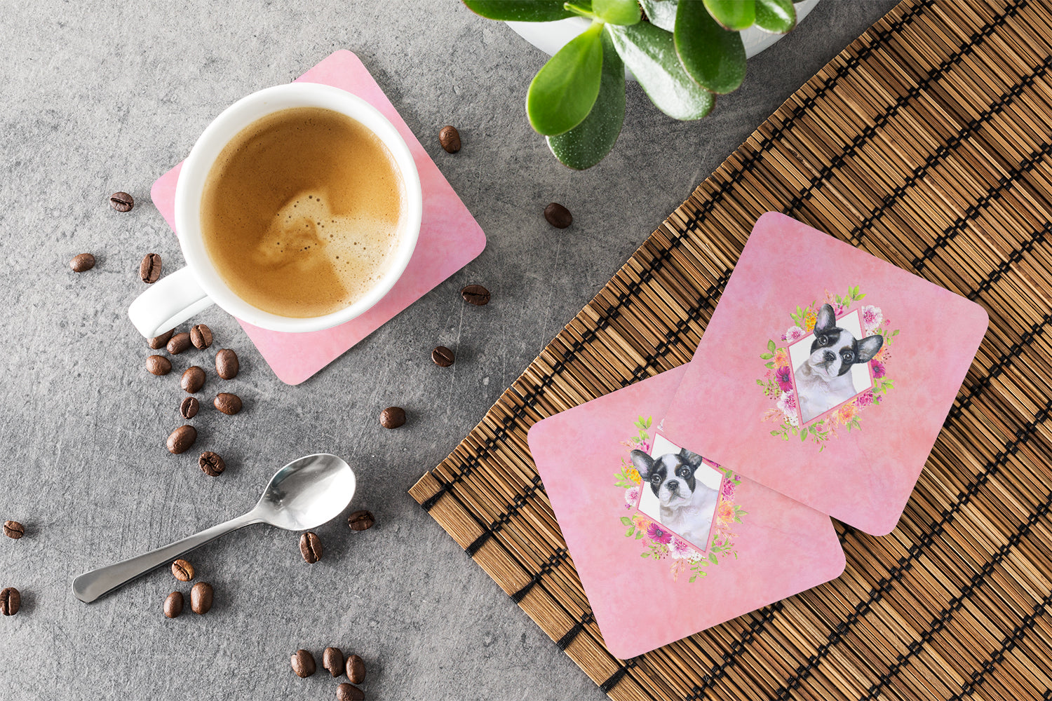 Set of 4 French Bulldog Pink Flowers Foam Coasters Set of 4 CK4143FC - the-store.com