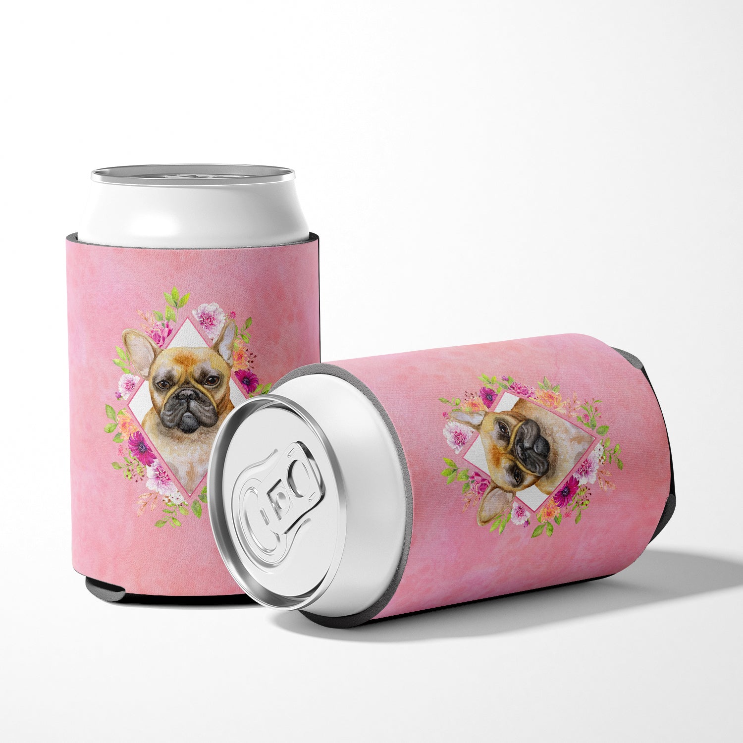 Fawn French Bulldog Pink Flowers Can or Bottle Hugger CK4144CC  the-store.com.
