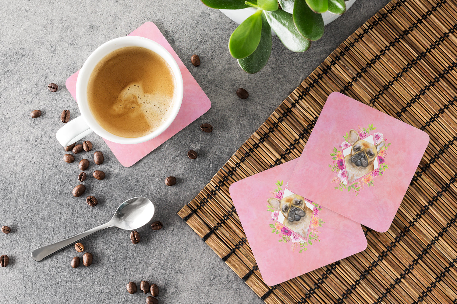 Set of 4 Fawn French Bulldog Pink Flowers Foam Coasters Set of 4 CK4144FC - the-store.com