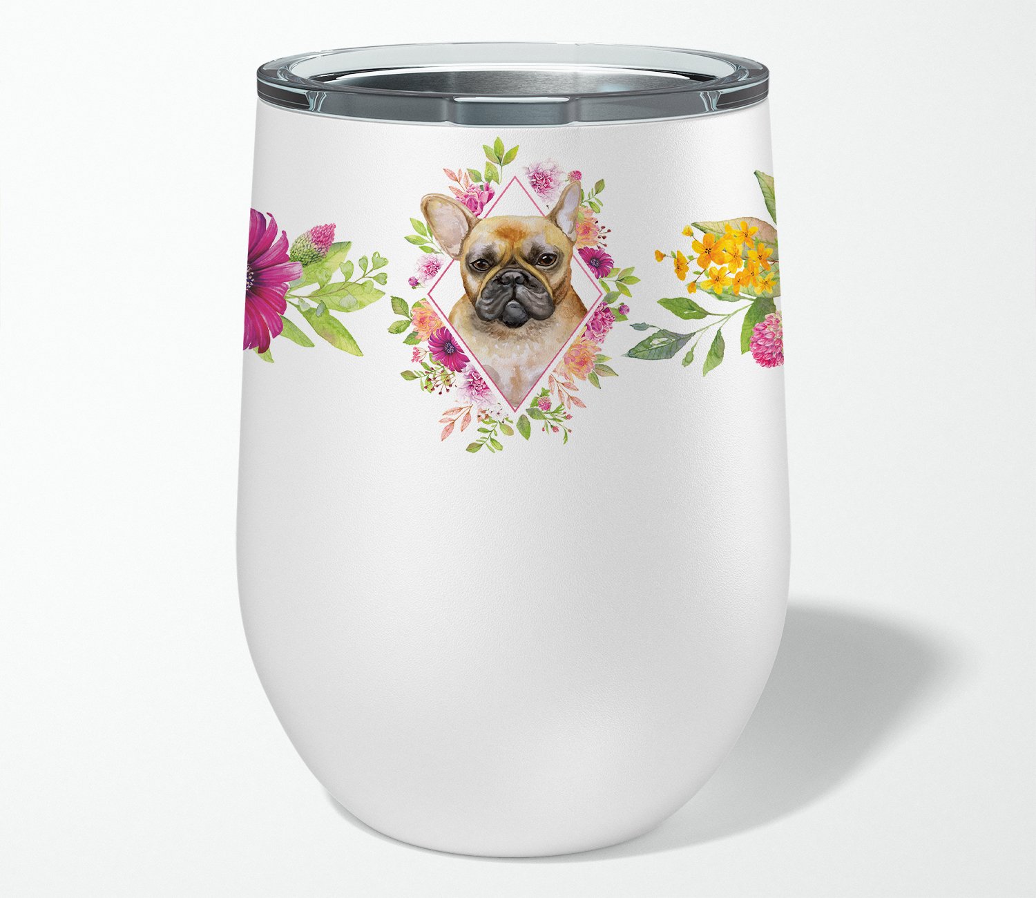 Fawn French Bulldog Pink Flowers Stainless Steel 12 oz Stemless Wine Glass CK4144TBL12 by Caroline's Treasures