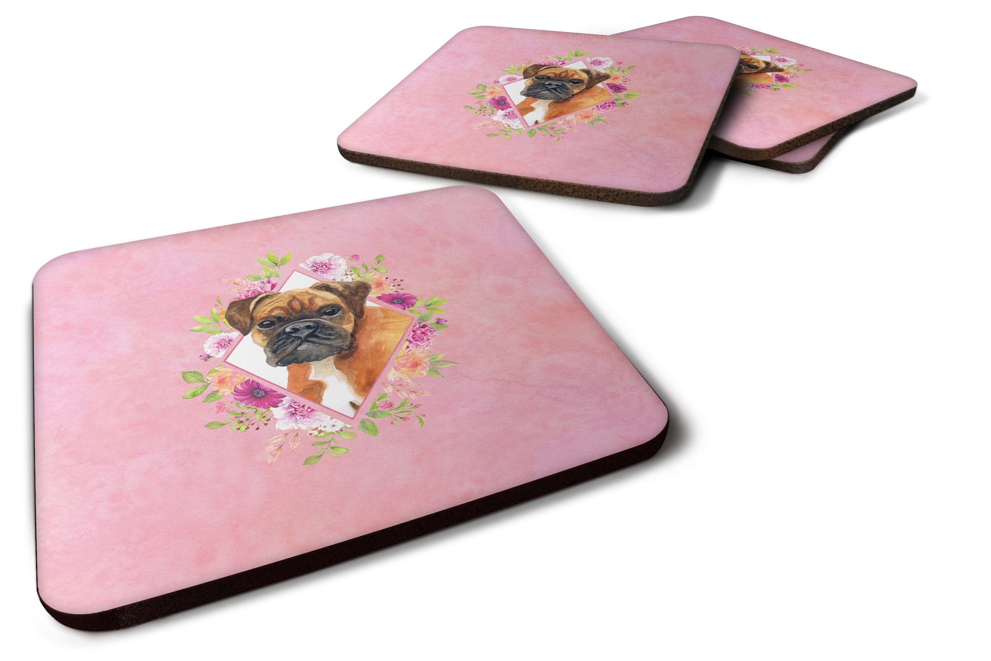 Set of 4 German Boxer Pink Flowers Foam Coasters Set of 4 CK4145FC - the-store.com