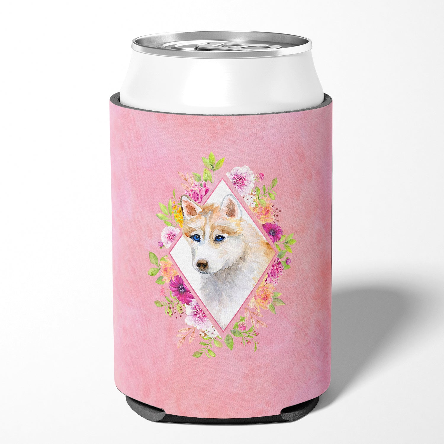 Red Siberian Husky Pink Flowers Can or Bottle Hugger CK4148CC  the-store.com.
