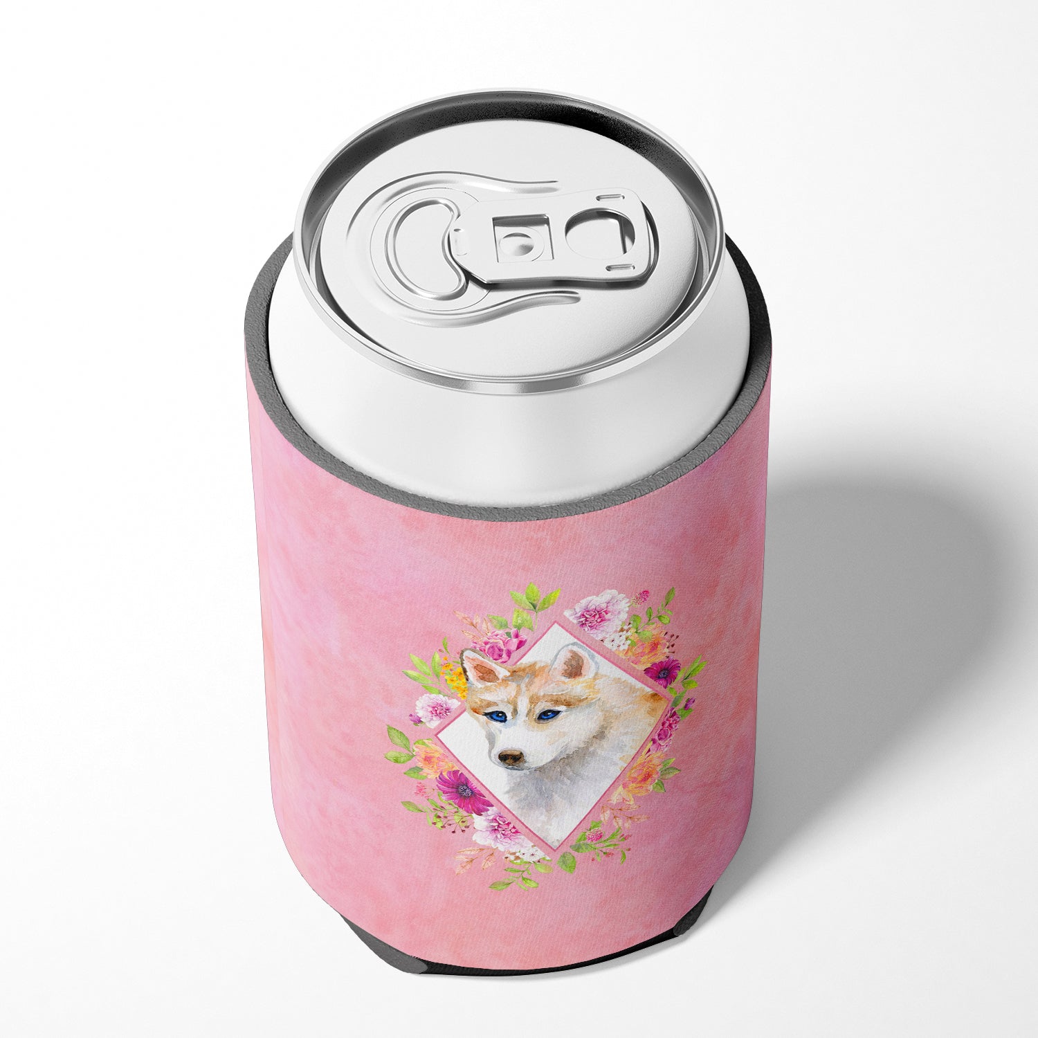 Red Siberian Husky Pink Flowers Can or Bottle Hugger CK4148CC  the-store.com.