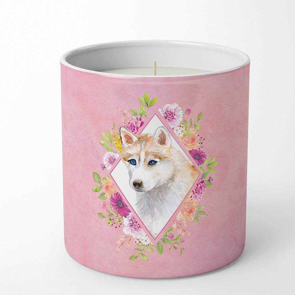 Red Siberian Husky Pink Flowers 10 oz Decorative Soy Candle CK4148CDL by Caroline&#39;s Treasures