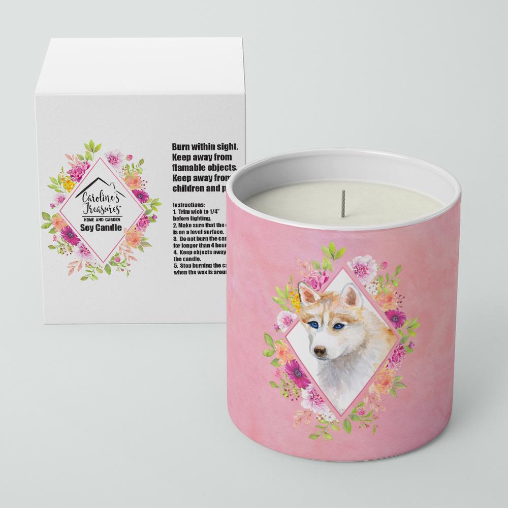 Red Siberian Husky Pink Flowers 10 oz Decorative Soy Candle CK4148CDL by Caroline's Treasures
