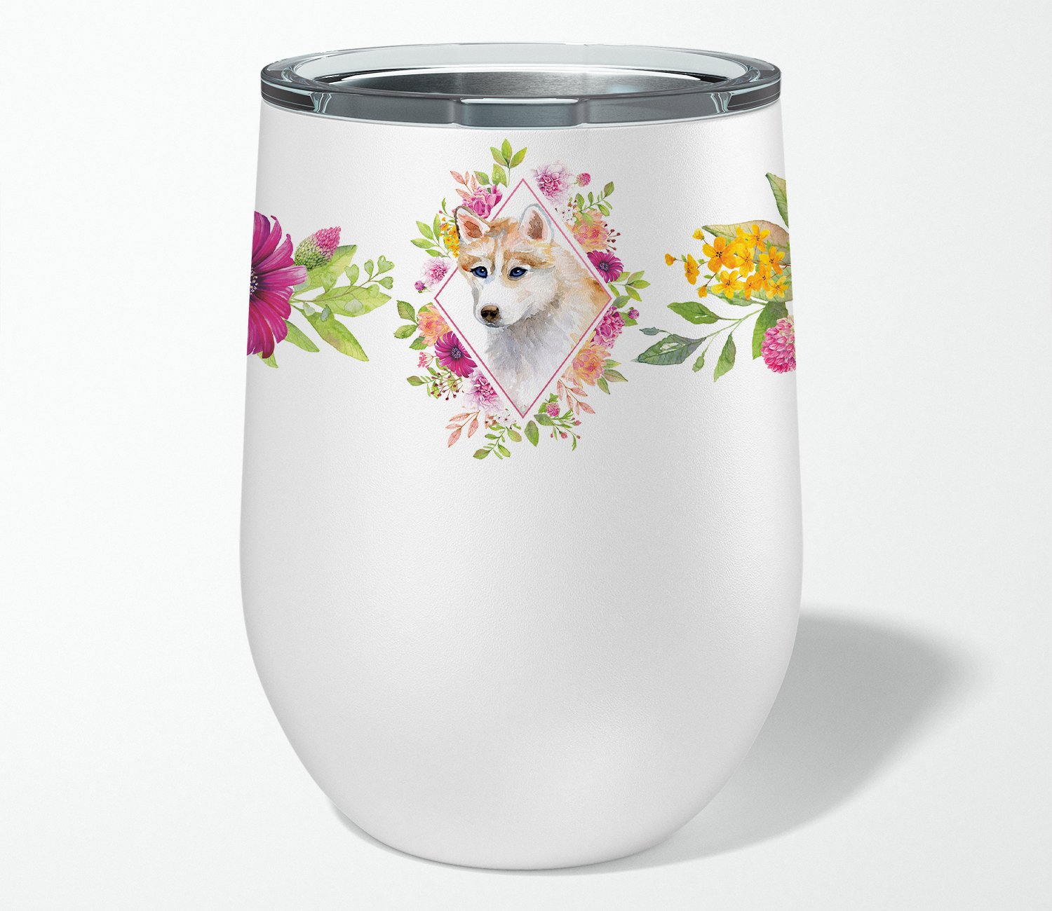 Red Siberian Husky Pink Flowers Stainless Steel 12 oz Stemless Wine Glass CK4148TBL12 by Caroline's Treasures