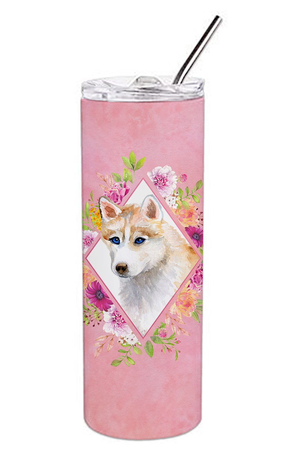 Red Siberian Husky Pink Flowers Double Walled Stainless Steel 20 oz Skinny Tumbler CK4148TBL20 by Caroline&#39;s Treasures