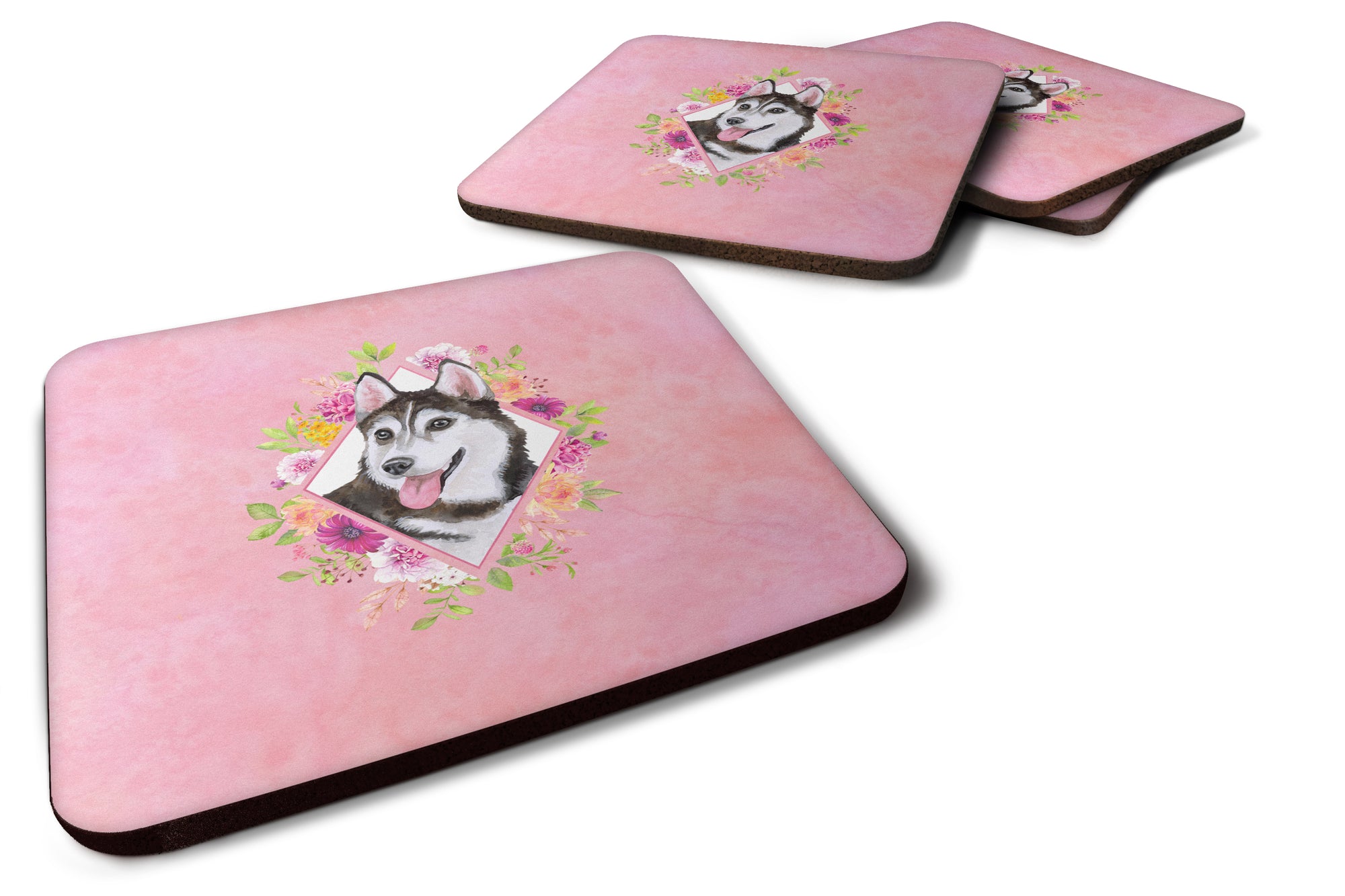 Set of 4 Siberian Husky #1 Pink Flowers Foam Coasters Set of 4 CK4151FC - the-store.com