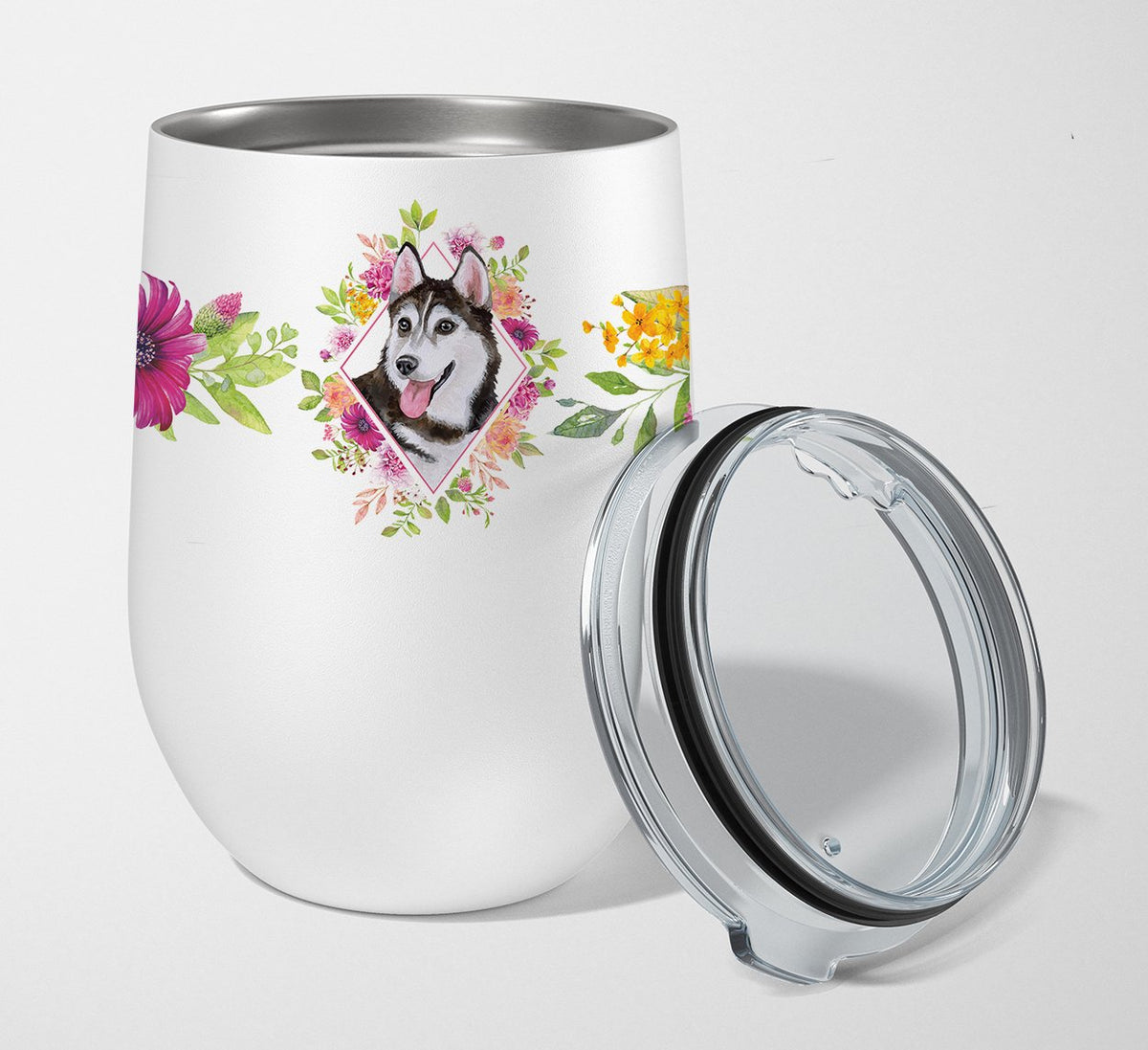 Siberian Husky #1 Pink Flowers Stainless Steel 12 oz Stemless Wine Glass CK4151TBL12 by Caroline&#39;s Treasures