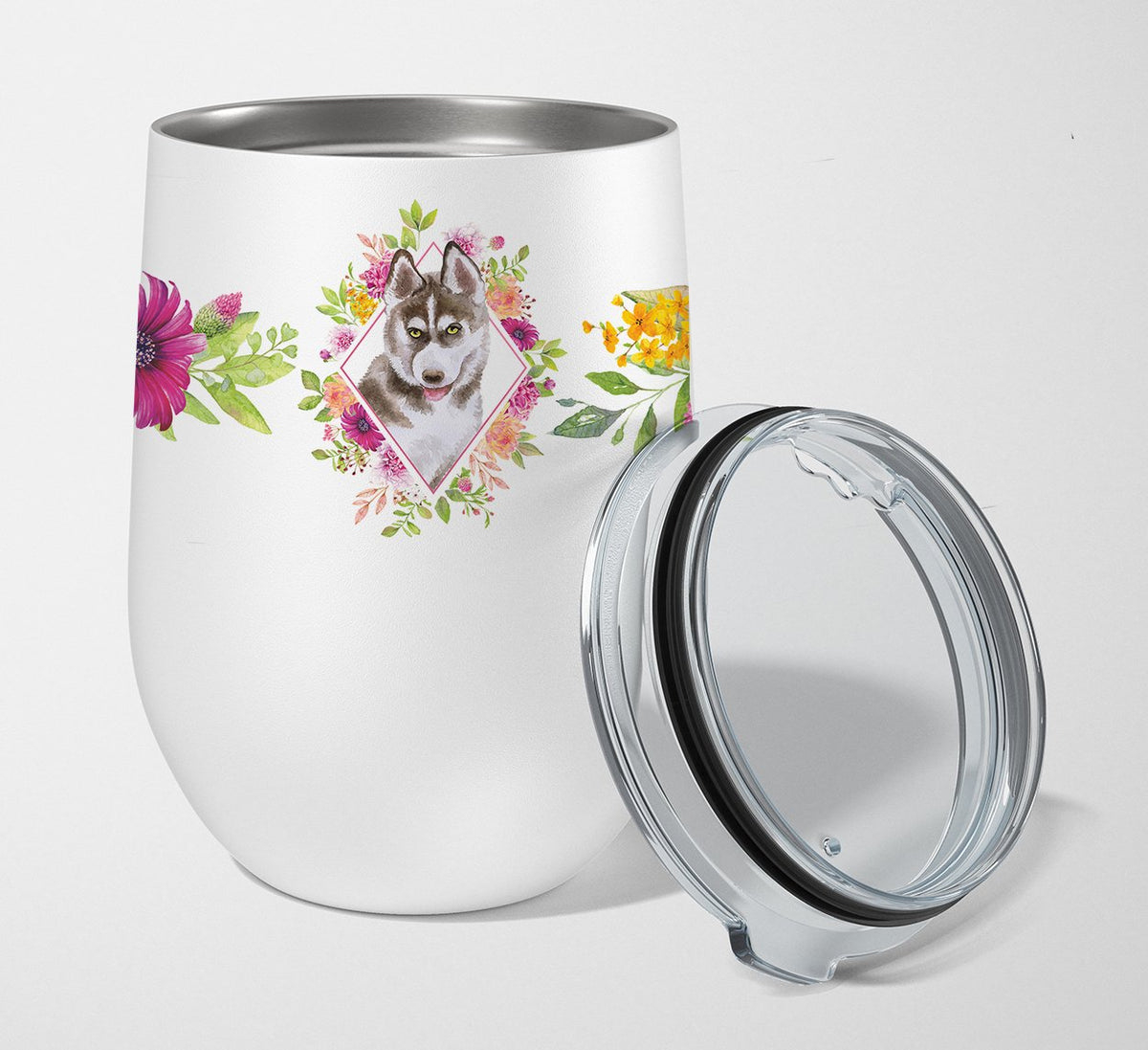 Siberian Husky #2 Pink Flowers Stainless Steel 12 oz Stemless Wine Glass CK4152TBL12 by Caroline&#39;s Treasures
