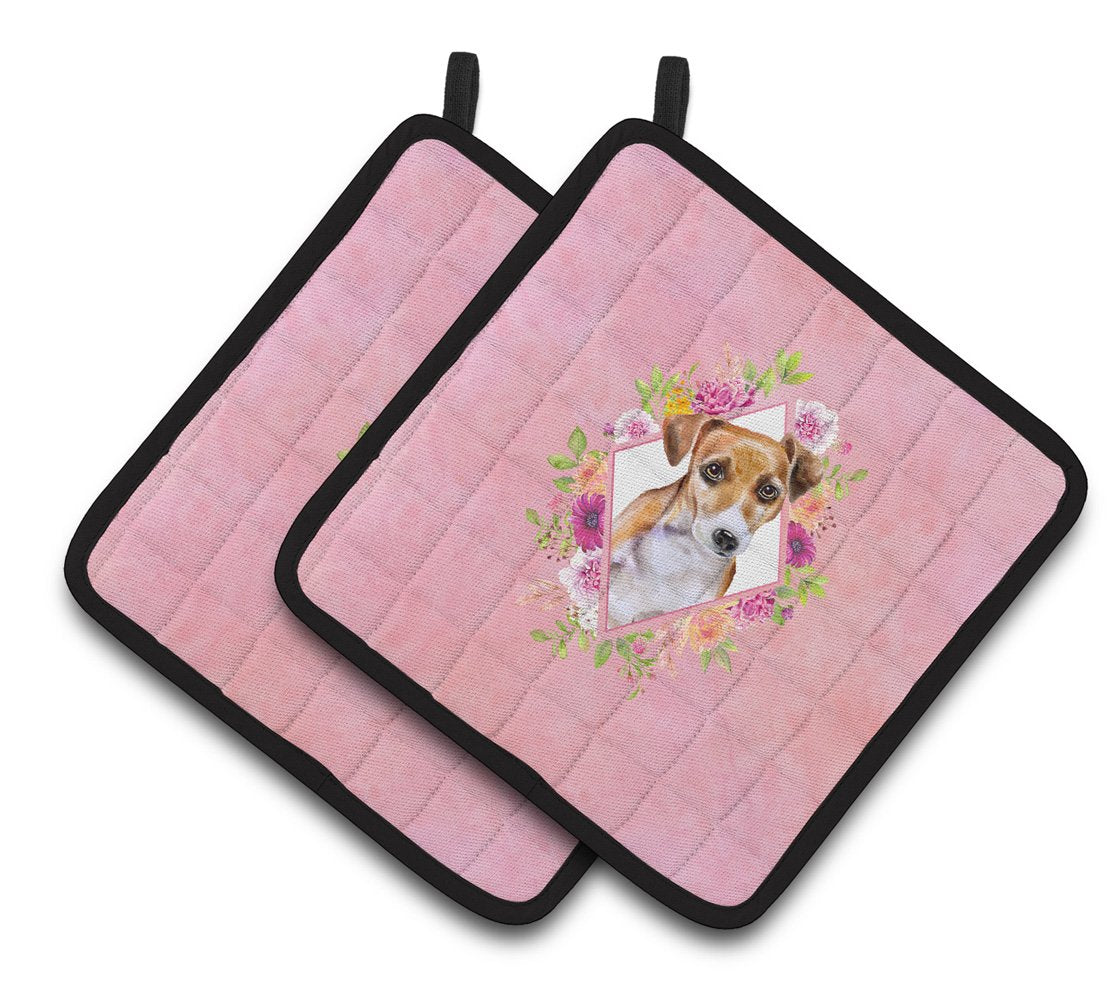 Jack Russell Terrier #1 Pink Flowers Pair of Pot Holders CK4155PTHD by Caroline&#39;s Treasures