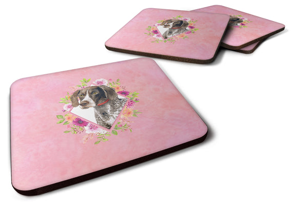 Set of 4 German Shorthaired Pointer Pink Flowers Foam Coasters Set of 4 CK4157FC - the-store.com