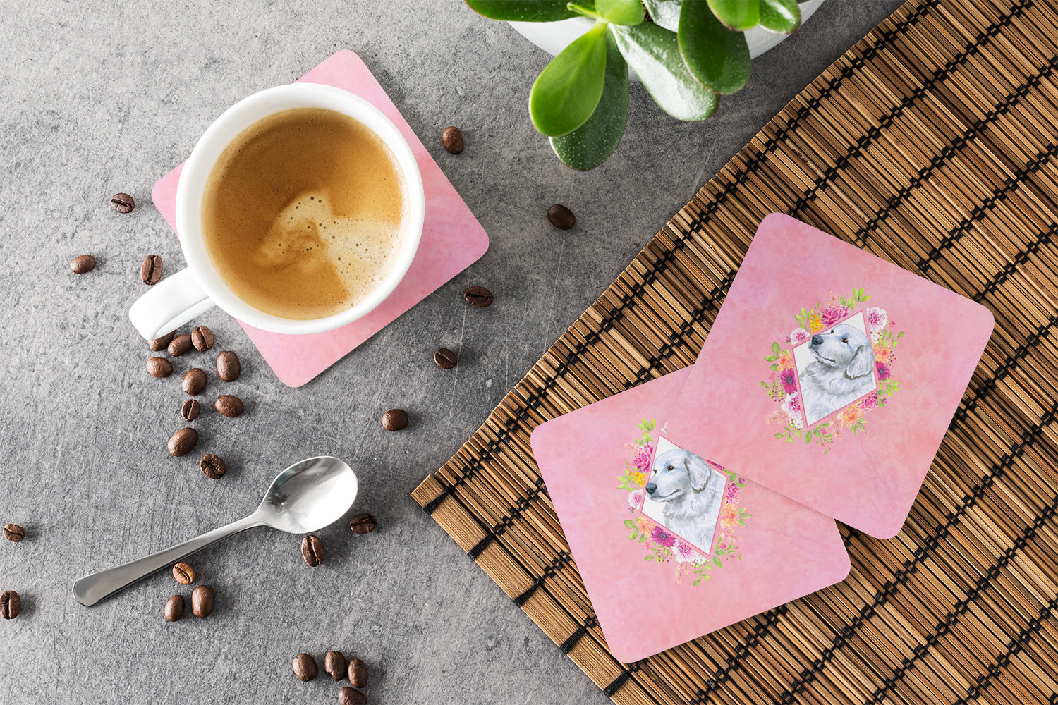 Set of 4 Great Pyrenees Pink Flowers Foam Coasters Set of 4 CK4160FC - the-store.com
