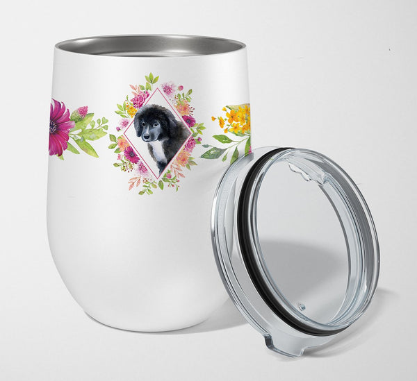 Newfoundland Puppy Pink Flowers Stainless Steel 12 oz Stemless Wine Glass CK4164TBL12 by Caroline's Treasures