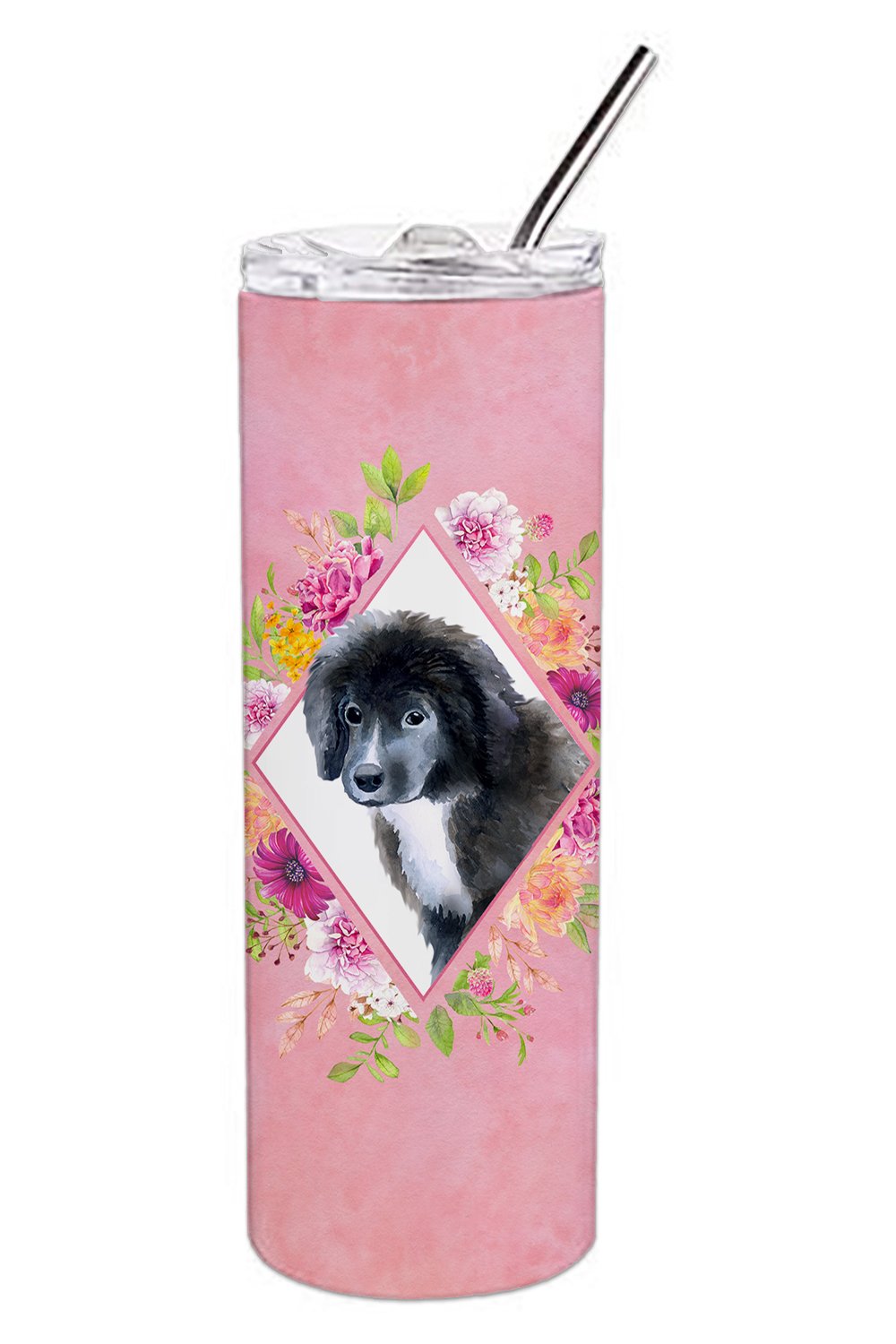 Newfoundland Puppy Pink Flowers Double Walled Stainless Steel 20 oz Skinny Tumbler CK4164TBL20 by Caroline&#39;s Treasures