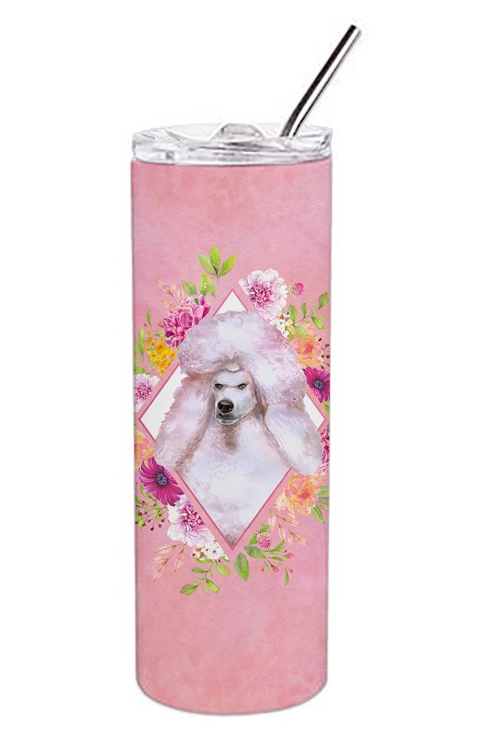 Standard White Poodle Pink Flowers Double Walled Stainless Steel 20 oz Skinny Tumbler CK4171TBL20 by Caroline&#39;s Treasures