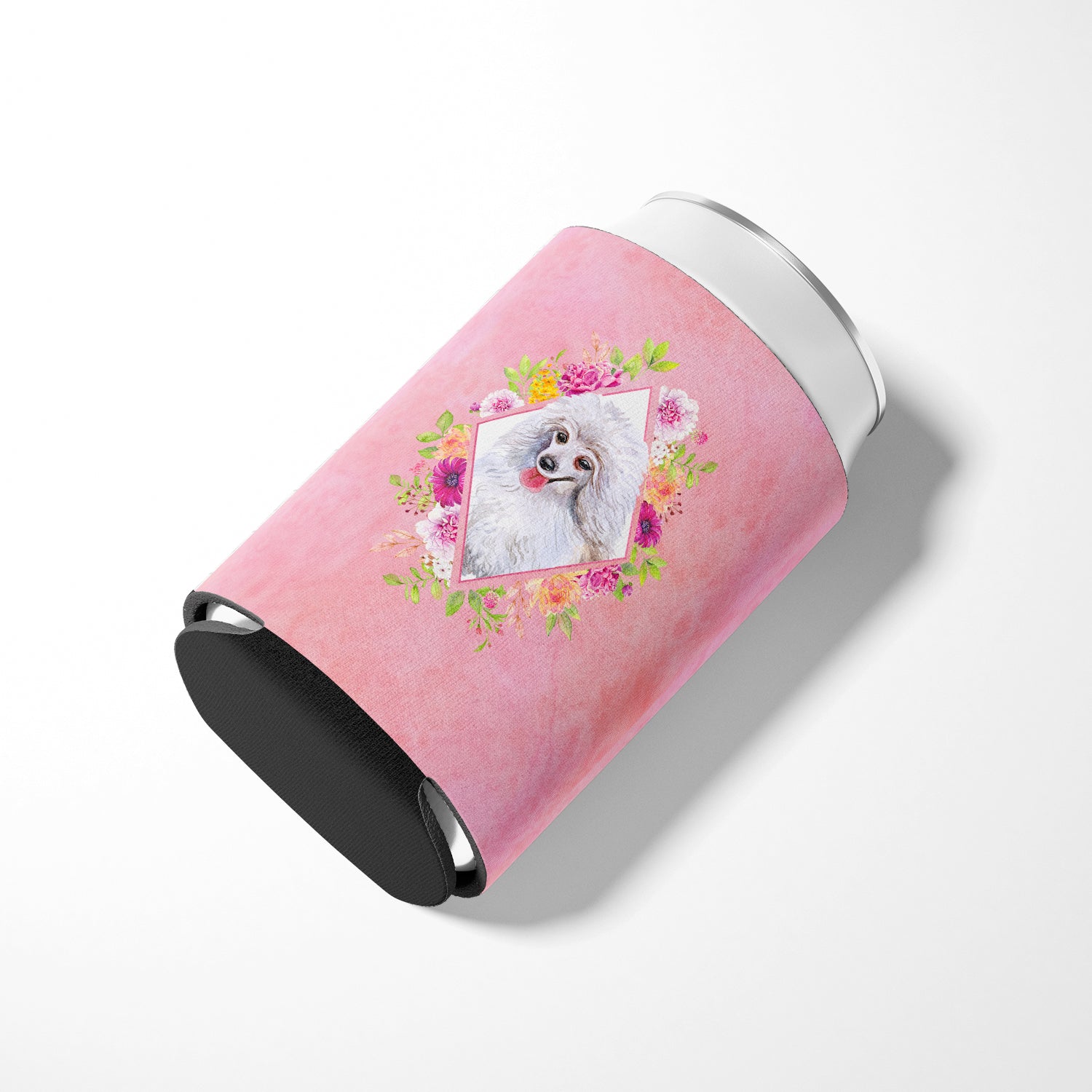 White Mini Poodle Pink Flowers Can or Bottle Hugger CK4172CC  the-store.com.
