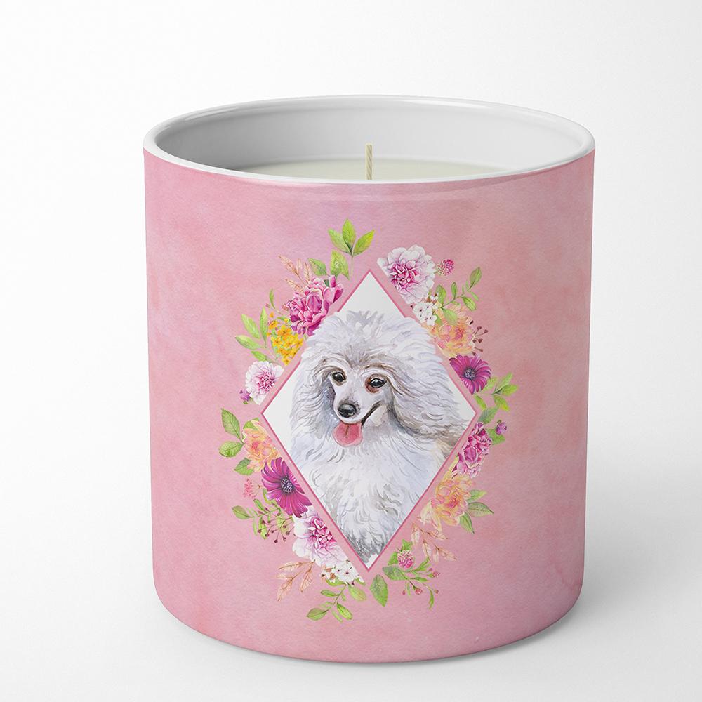 White Mini Poodle Pink Flowers 10 oz Decorative Soy Candle CK4172CDL by Caroline&#39;s Treasures