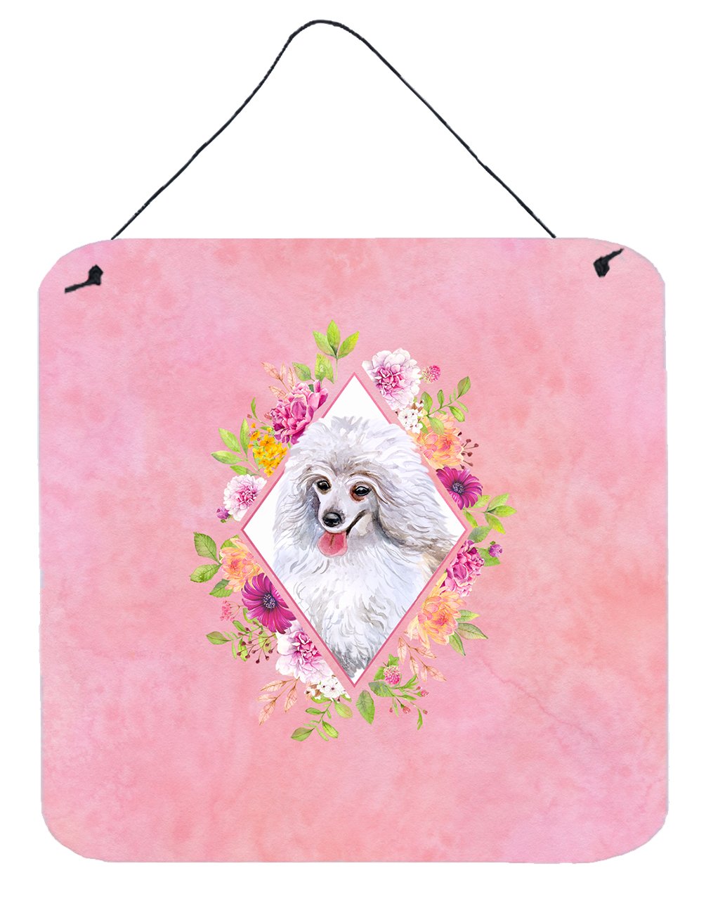 White Mini Poodle Pink Flowers Wall or Door Hanging Prints CK4172DS66 by Caroline&#39;s Treasures