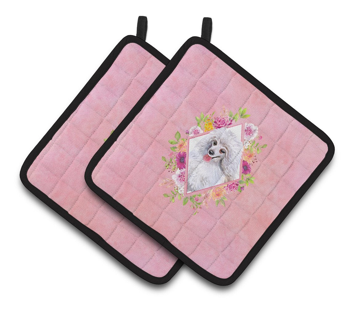 White Mini Poodle Pink Flowers Pair of Pot Holders CK4172PTHD by Caroline&#39;s Treasures