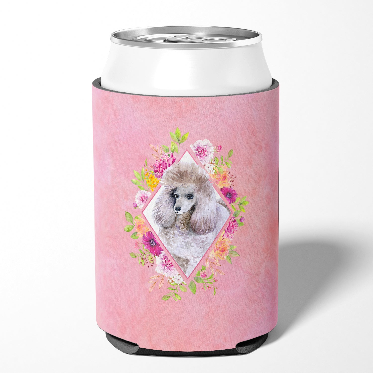 Standard Grey Poodle Pink Flowers Can or Bottle Hugger CK4173CC