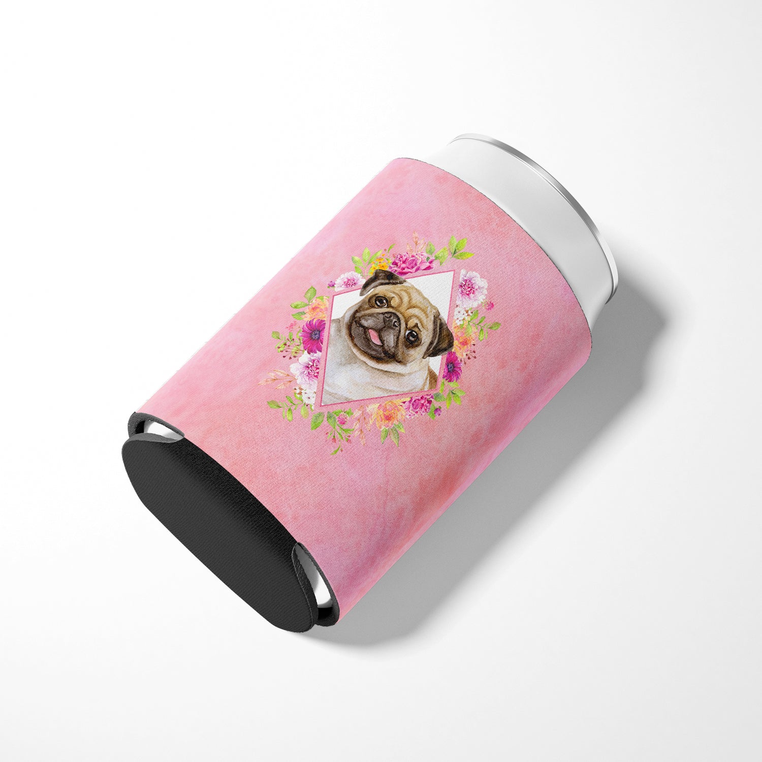 Fawn Pug Pink Flowers Can or Bottle Hugger CK4174CC  the-store.com.