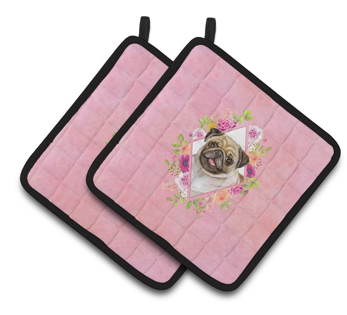 Fawn Pug Pink Flowers Pair of Pot Holders CK4174PTHD by Caroline&#39;s Treasures