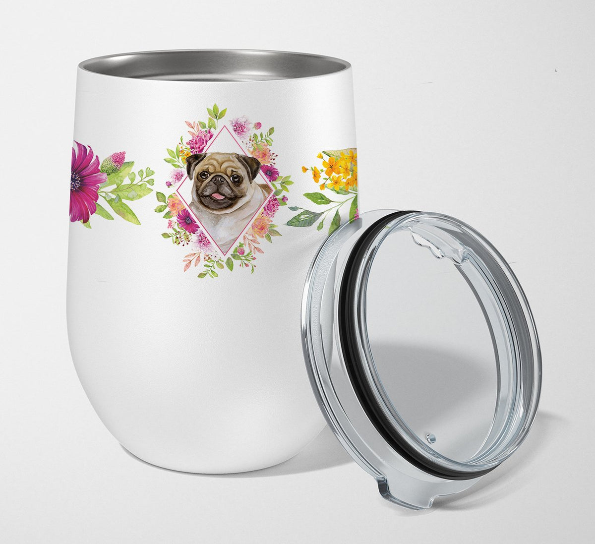 Fawn Pug Pink Flowers Stainless Steel 12 oz Stemless Wine Glass CK4174TBL12 by Caroline&#39;s Treasures