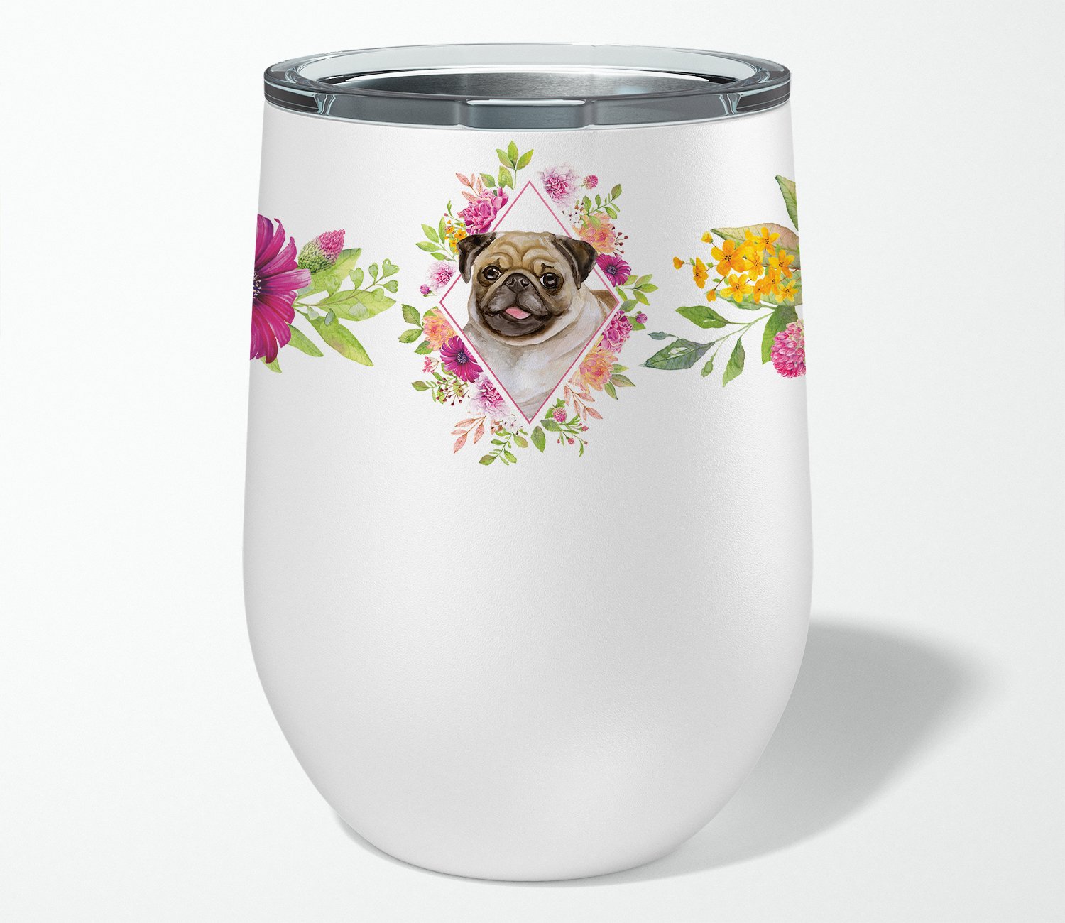 Fawn Pug Pink Flowers Stainless Steel 12 oz Stemless Wine Glass CK4174TBL12 by Caroline's Treasures