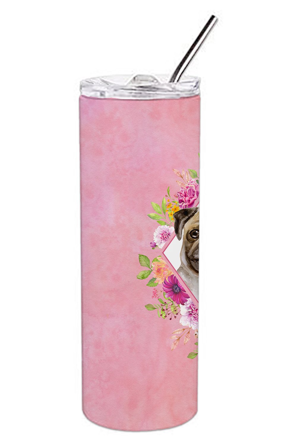 Fawn Pug Pink Flowers Double Walled Stainless Steel 20 oz Skinny Tumbler CK4174TBL20 by Caroline's Treasures