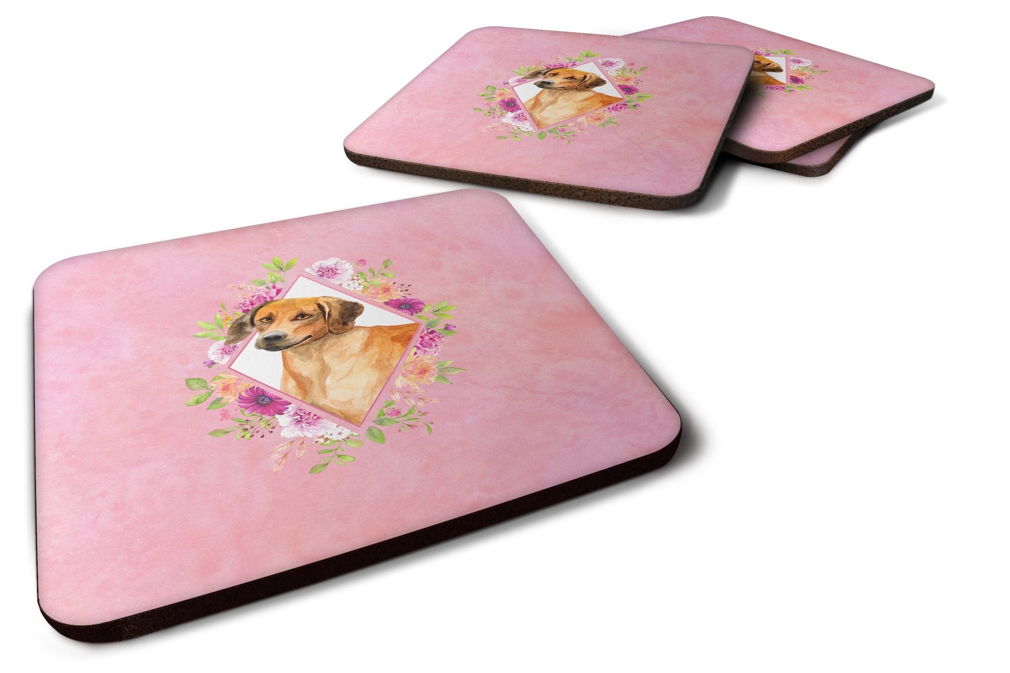 Set of 4 Rhodesian Ridgeback Pink Flowers Foam Coasters Set of 4 CK4175FC - the-store.com