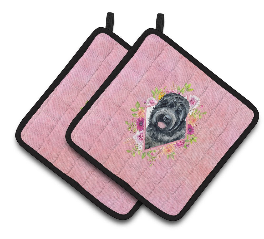 Russian Black Terrier Pink Flowers Pair of Pot Holders CK4176PTHD by Caroline&#39;s Treasures