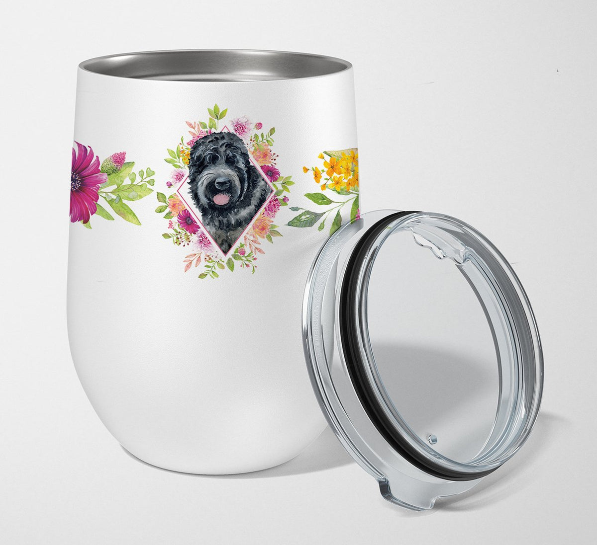 Russian Black Terrier Pink Flowers Stainless Steel 12 oz Stemless Wine Glass CK4176TBL12 by Caroline&#39;s Treasures