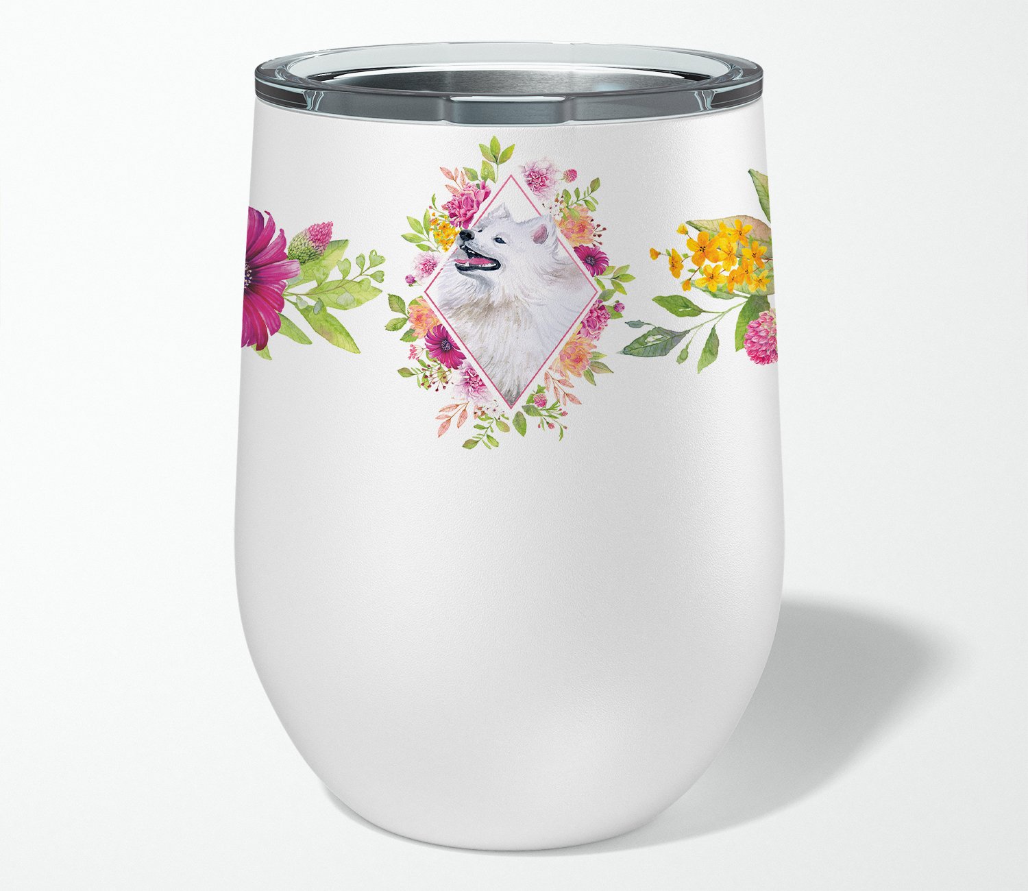 Samoyed Pink Flowers Stainless Steel 12 oz Stemless Wine Glass CK4177TBL12 by Caroline's Treasures