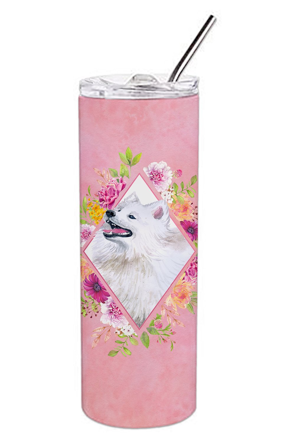 Samoyed Pink Flowers Double Walled Stainless Steel 20 oz Skinny Tumbler CK4177TBL20 by Caroline&#39;s Treasures