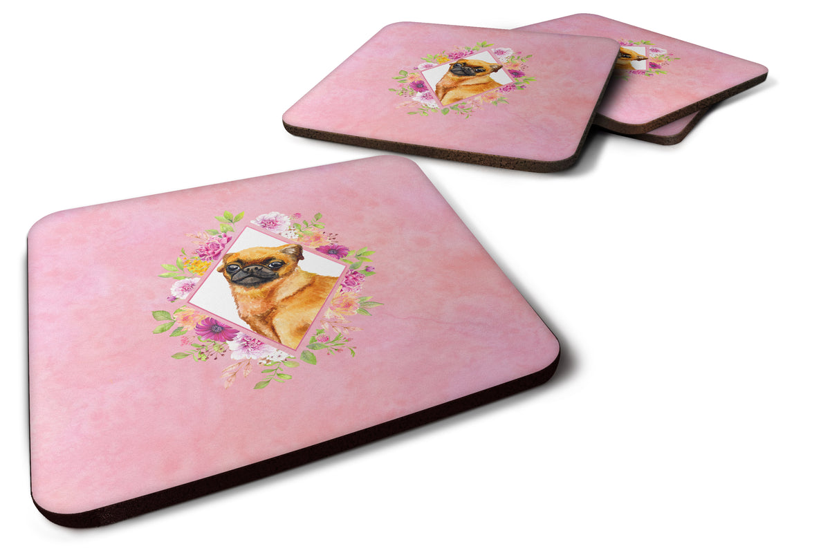 Set of 4 Brabant Griffon Pink Flowers Foam Coasters Set of 4 CK4185FC - the-store.com
