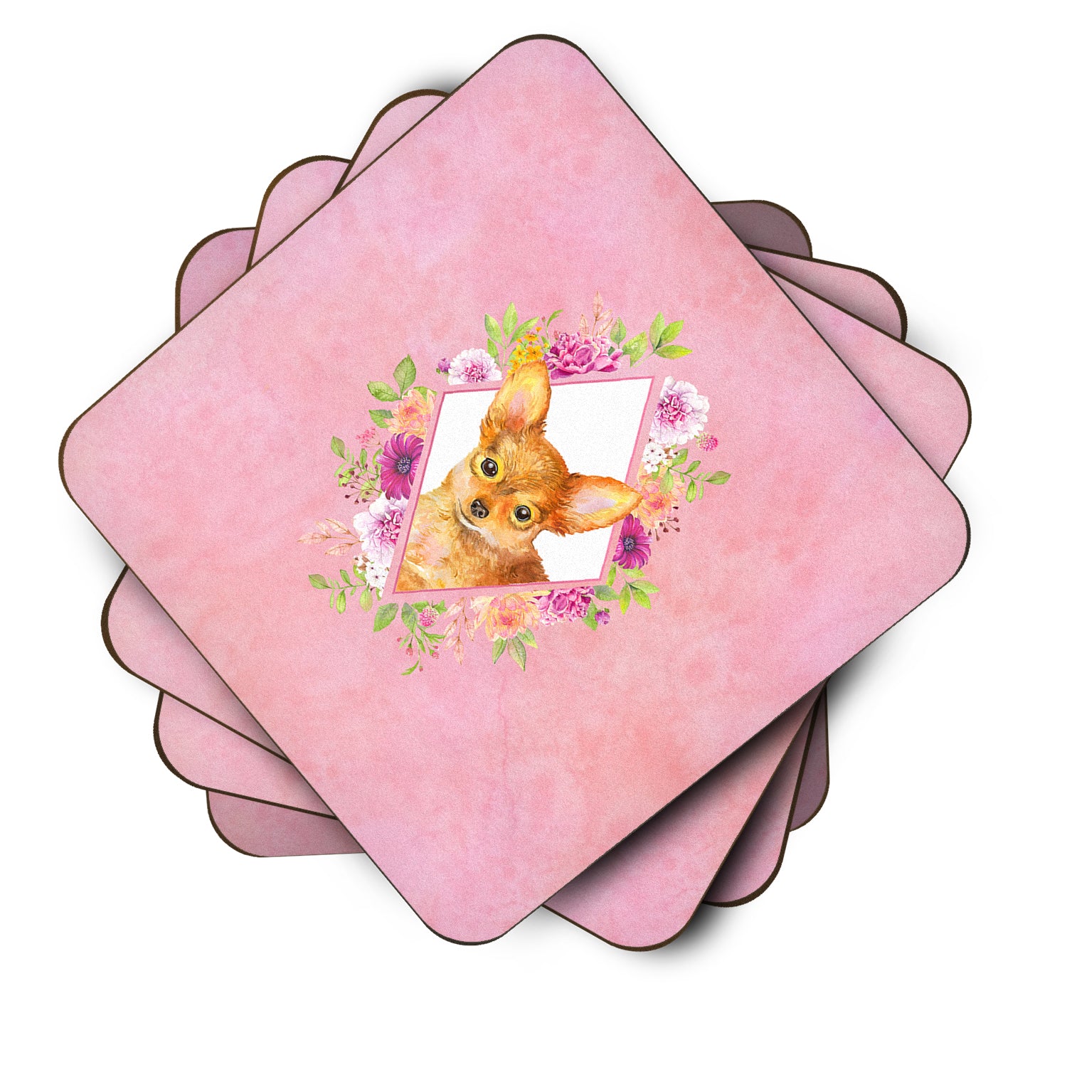 Set of 4 Toy Terrier Pink Flowers Foam Coasters Set of 4 CK4190FC - the-store.com