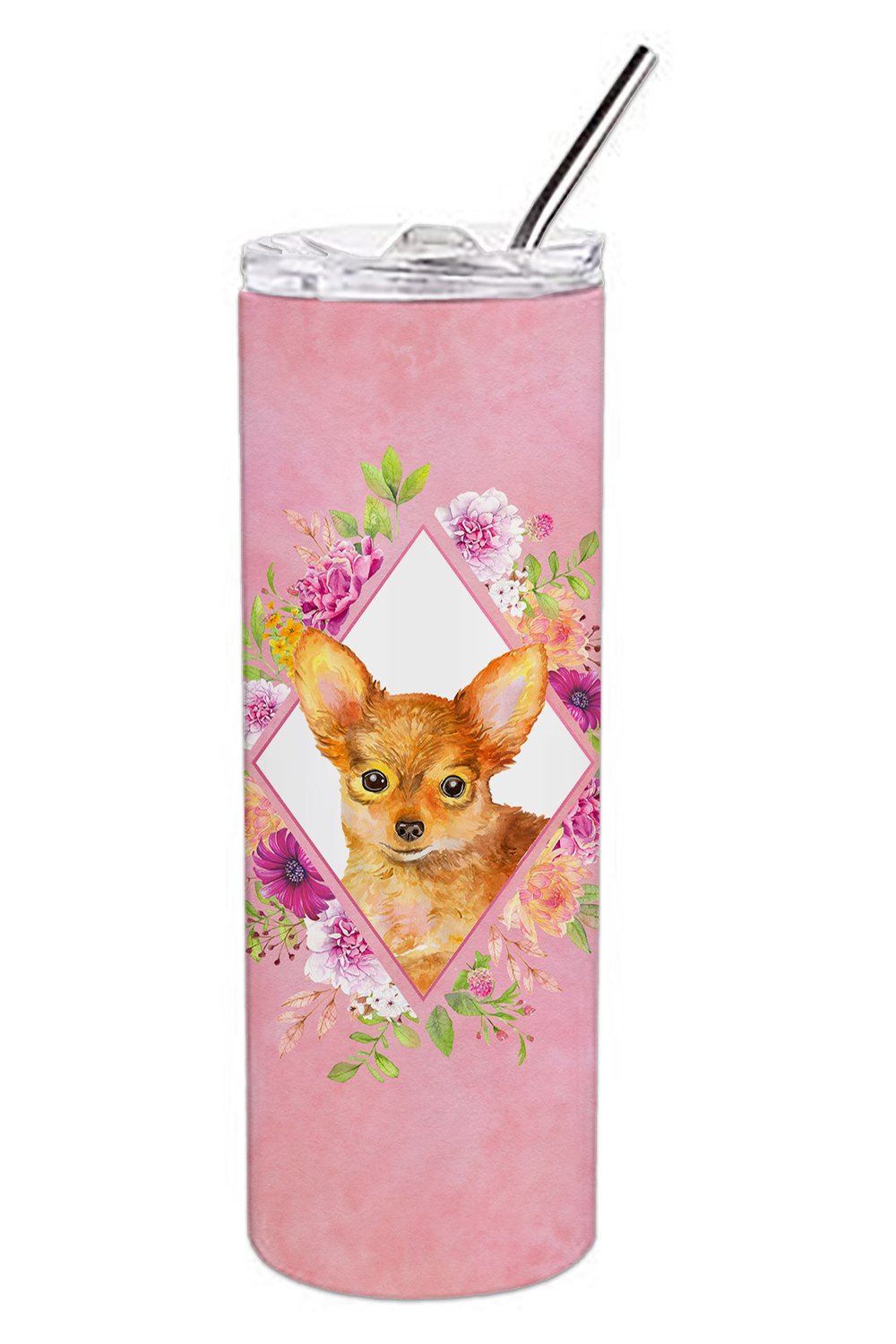 Toy Terrier Pink Flowers Double Walled Stainless Steel 20 oz Skinny Tumbler CK4190TBL20 by Caroline&#39;s Treasures