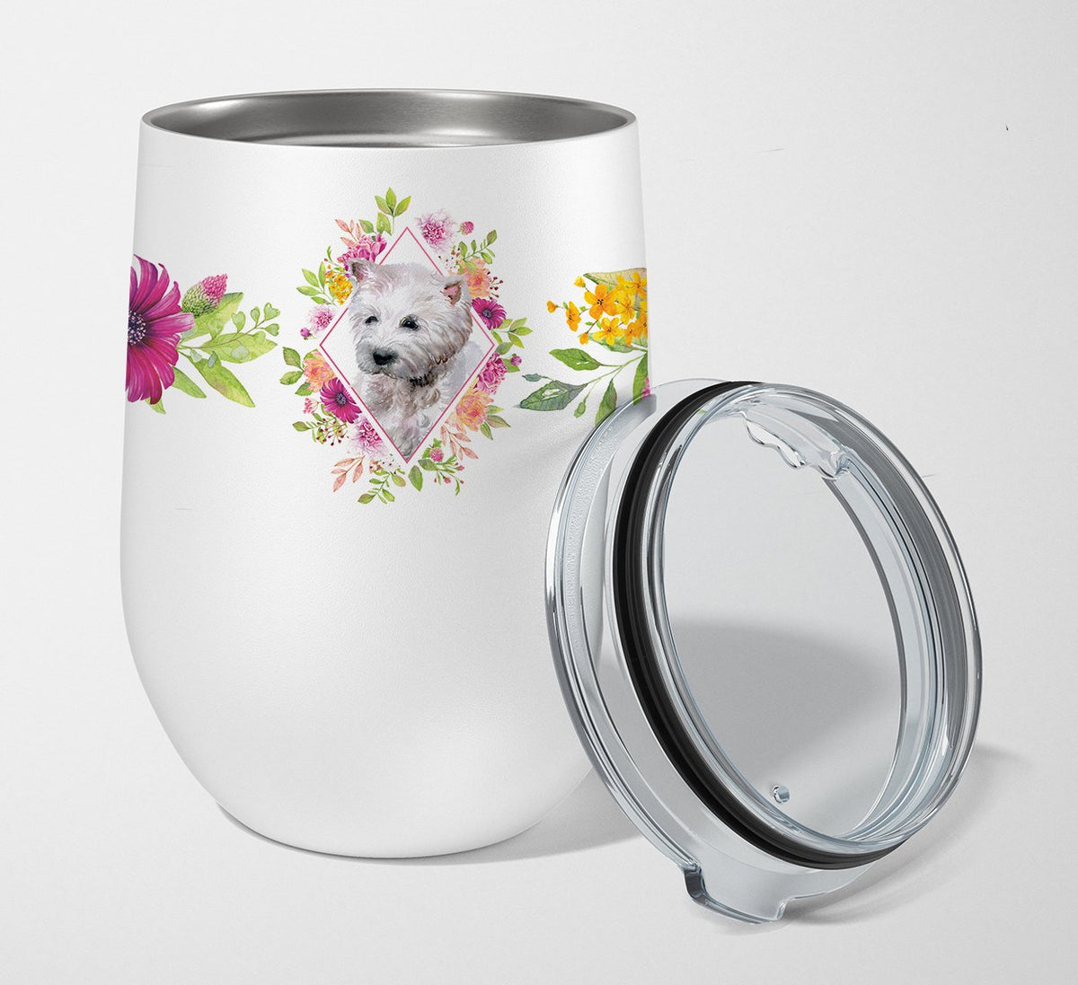 West Highland White Terrier Pink Flowers Stainless Steel 12 oz Stemless Wine Glass CK4193TBL12 by Caroline&#39;s Treasures