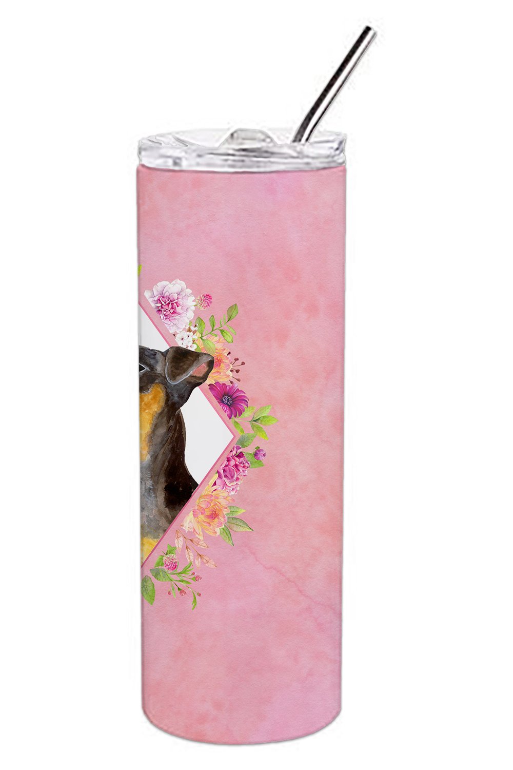 Black Miniature Pinscher Pink Flowers Double Walled Stainless Steel 20 oz Skinny Tumbler CK4196TBL20 by Caroline's Treasures