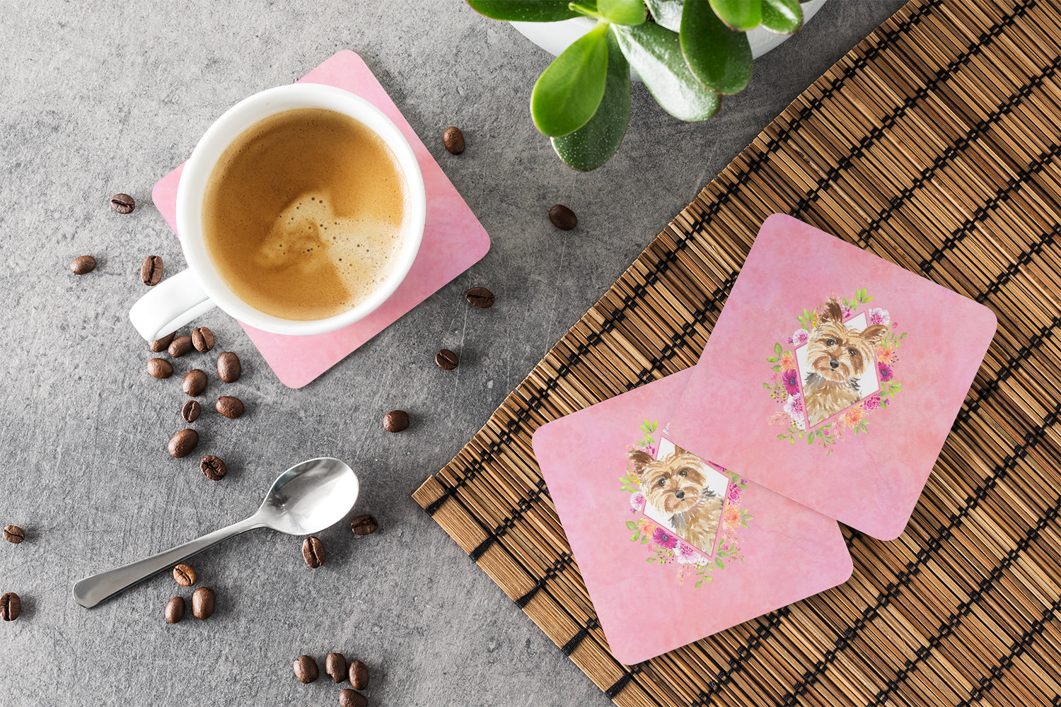 Set of 4 Yorkie Pink Flowers Foam Coasters Set of 4 CK4197FC - the-store.com