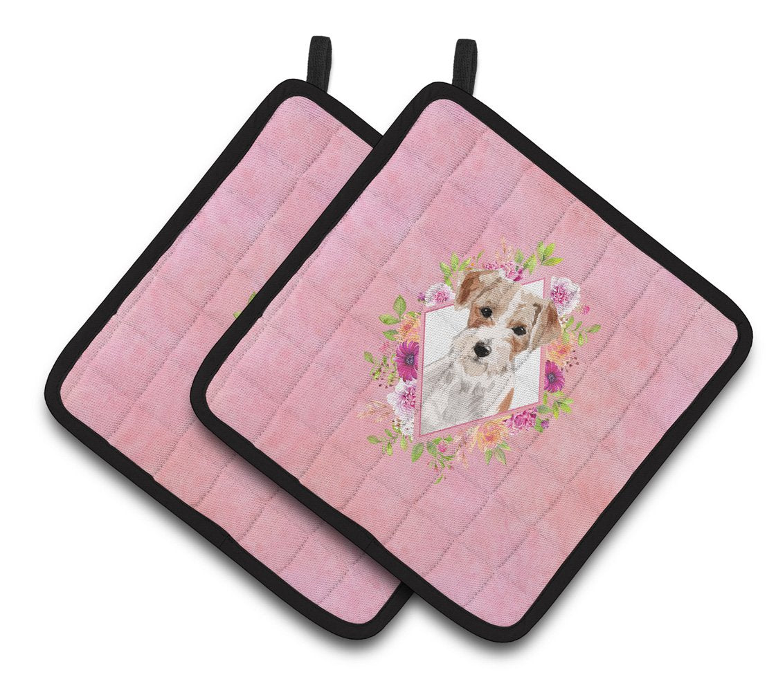 Jack Russell Terrier Pink Flowers Pair of Pot Holders CK4198PTHD by Caroline&#39;s Treasures