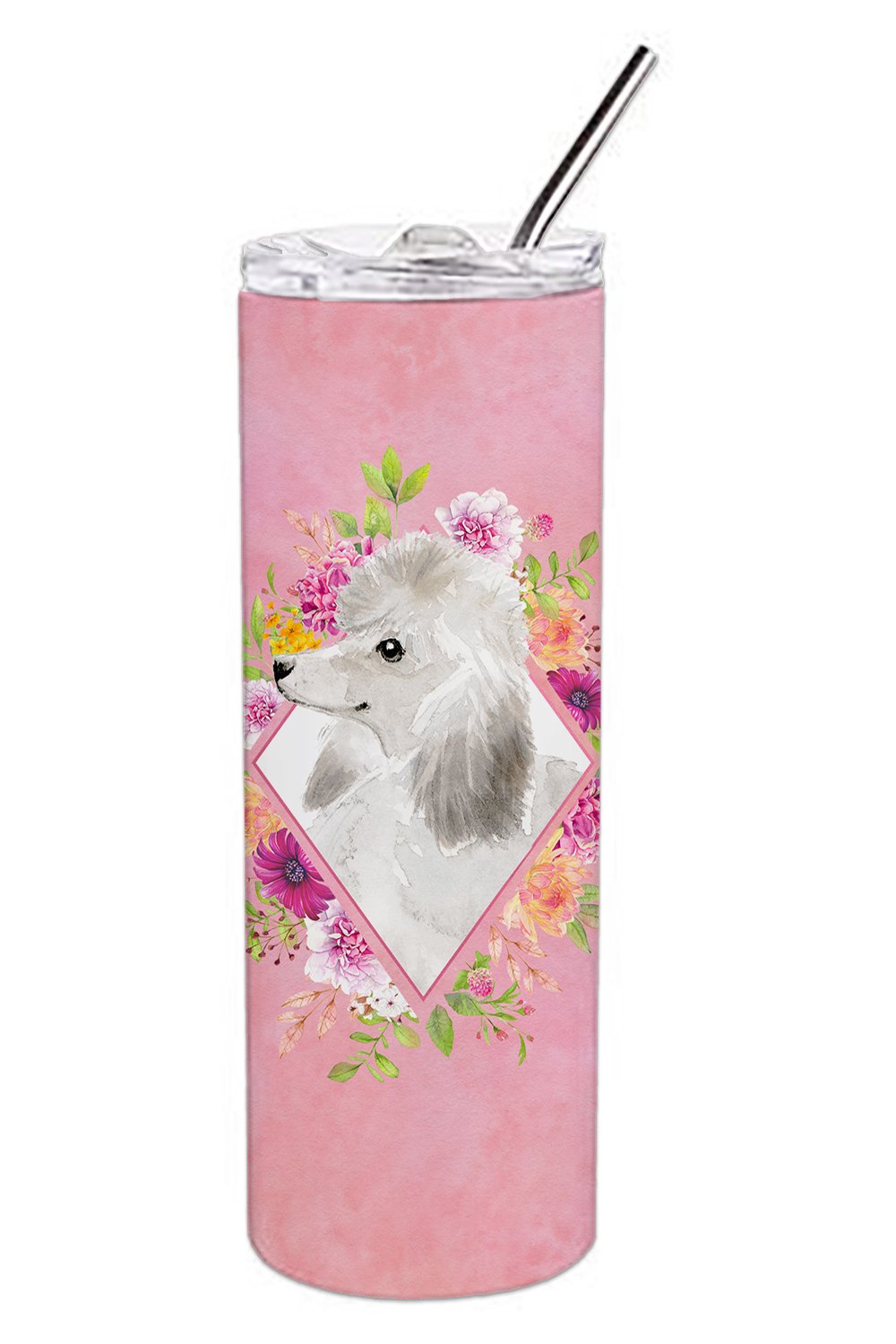 White Standard Poodle Pink Flowers Double Walled Stainless Steel 20 oz Skinny Tumbler CK4200TBL20 by Caroline&#39;s Treasures