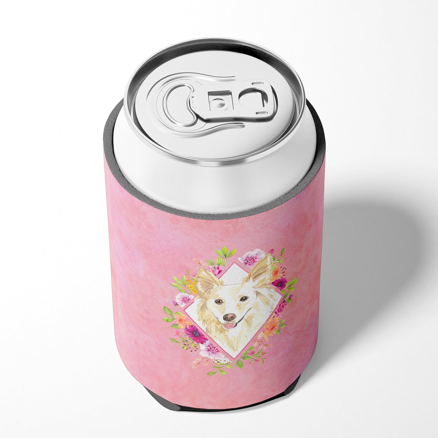 White Collie Pink Flowers Can or Bottle Hugger CK4201CC