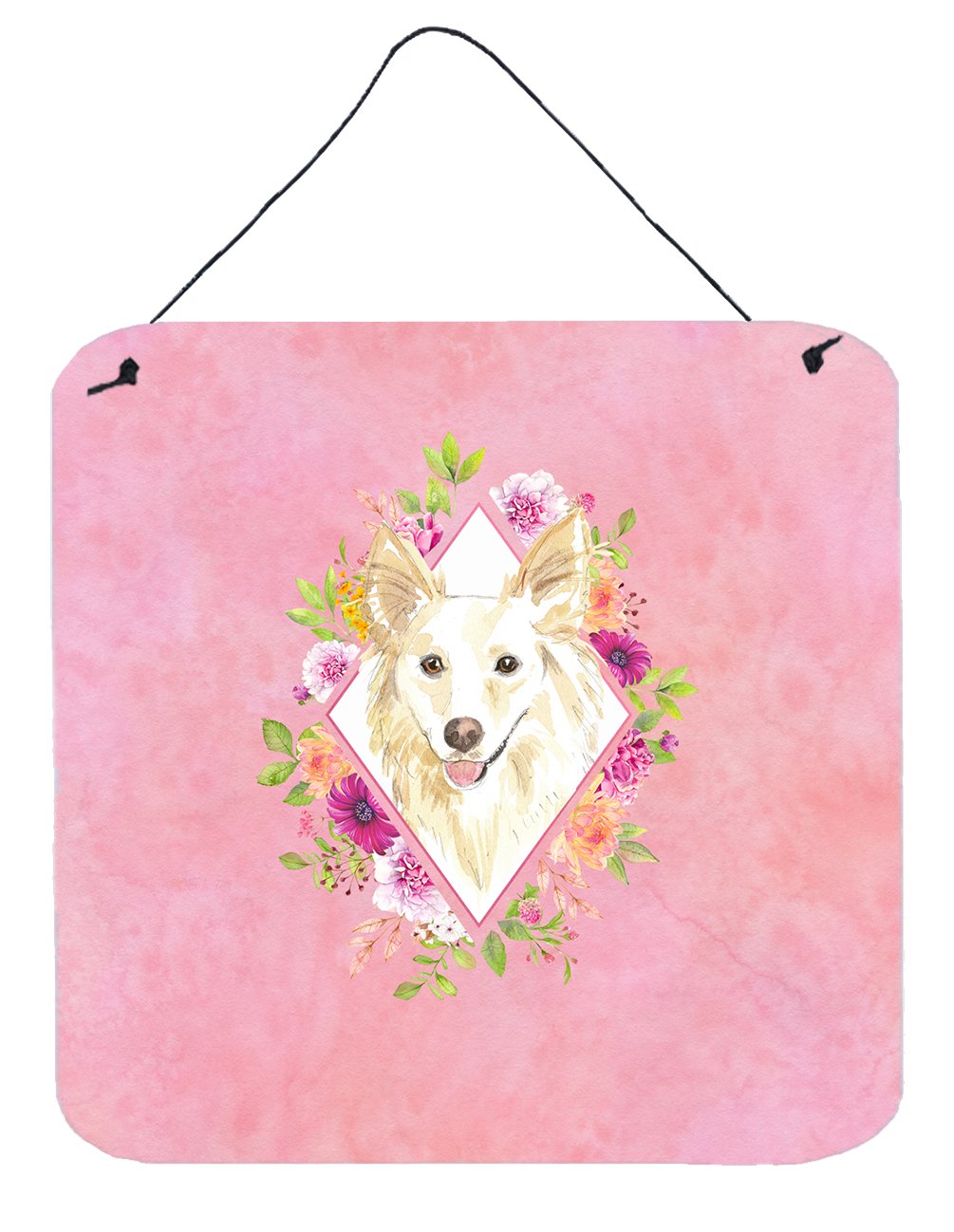 White Collie Pink Flowers Wall or Door Hanging Prints CK4201DS66 by Caroline&#39;s Treasures