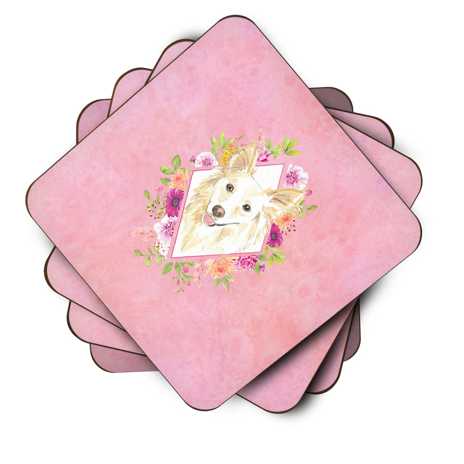 Set of 4  White Collie Pink Flowers Foam Coasters Set of 4 CK4201FC - the-store.com