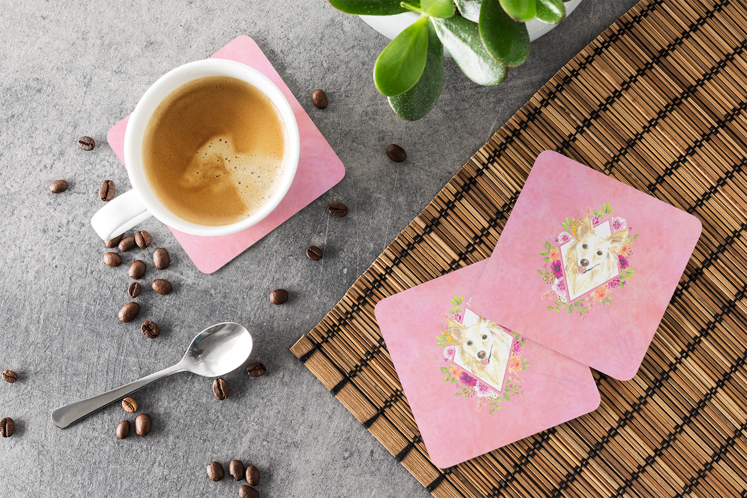 Set of 4  White Collie Pink Flowers Foam Coasters Set of 4 CK4201FC - the-store.com