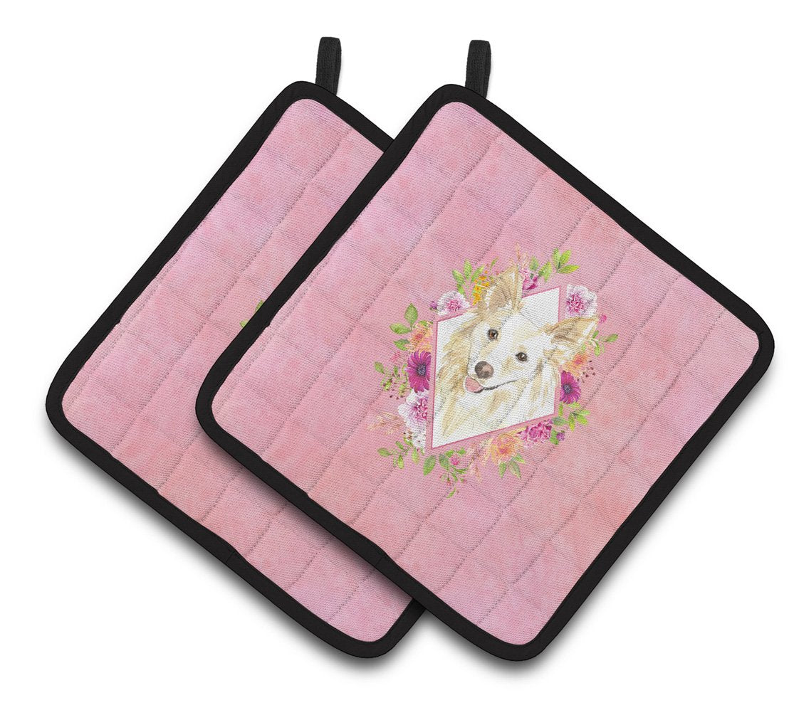 White Collie Pink Flowers Pair of Pot Holders CK4201PTHD by Caroline&#39;s Treasures
