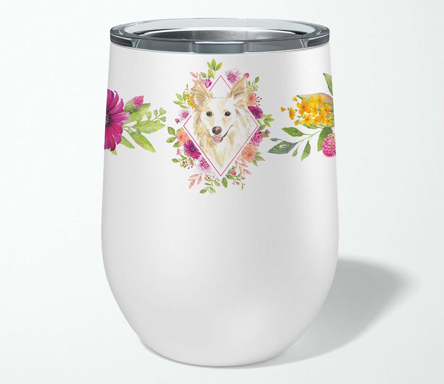 White Collie Pink Flowers Stainless Steel 12 oz Stemless Wine Glass CK4201TBL12 by Caroline's Treasures