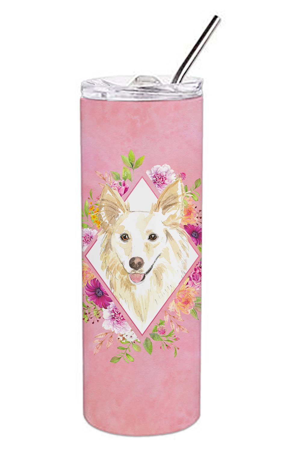 White Collie Pink Flowers Double Walled Stainless Steel 20 oz Skinny Tumbler CK4201TBL20 by Caroline&#39;s Treasures